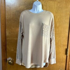 Cream size S knit pullover tunic with chiffon and velvet accent. NWT.